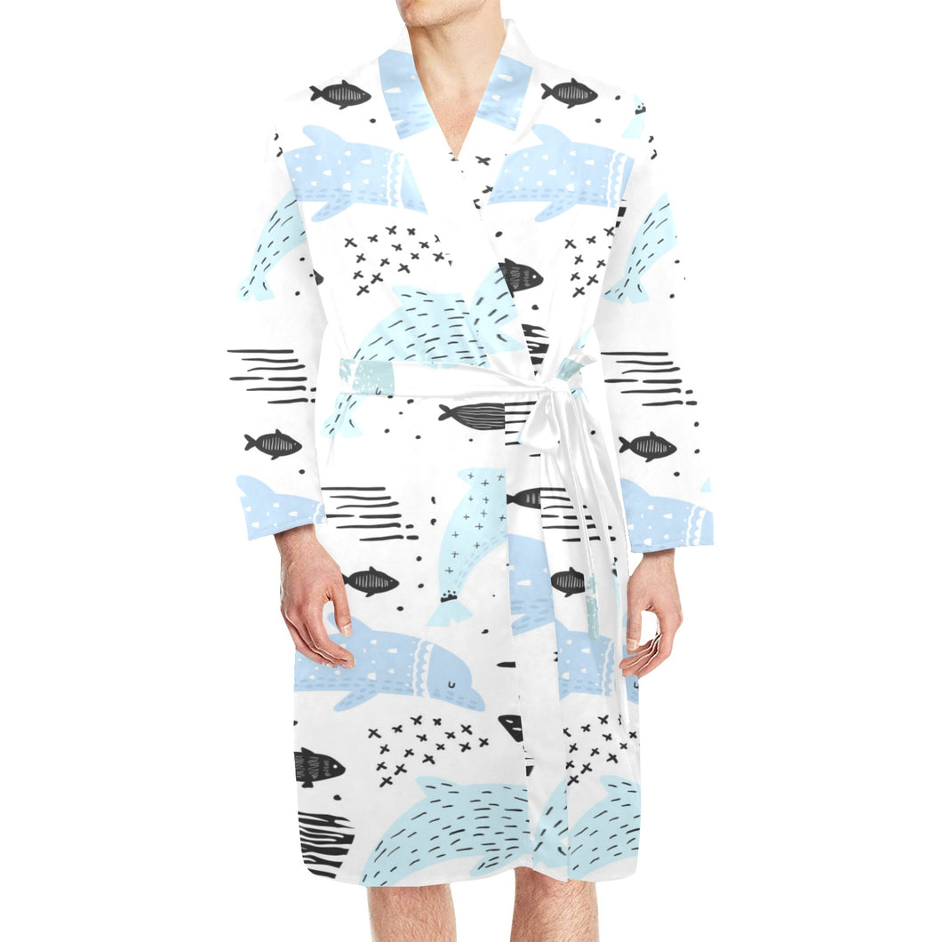 Cute dolphins Childish Style pattern Men's Long Sleeve Belted Night Robe