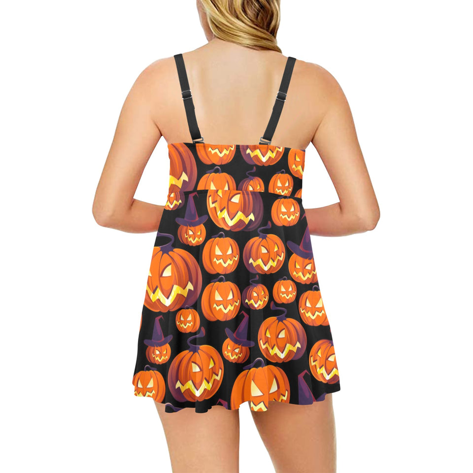 Halloween Pumpkin pattern Chest Sexy Pleated Two Piece Swim Dress