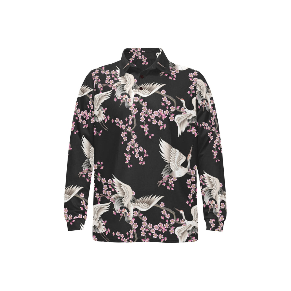 Japanese crane pink sakura pattern Men's Long Sleeve Polo Shirt