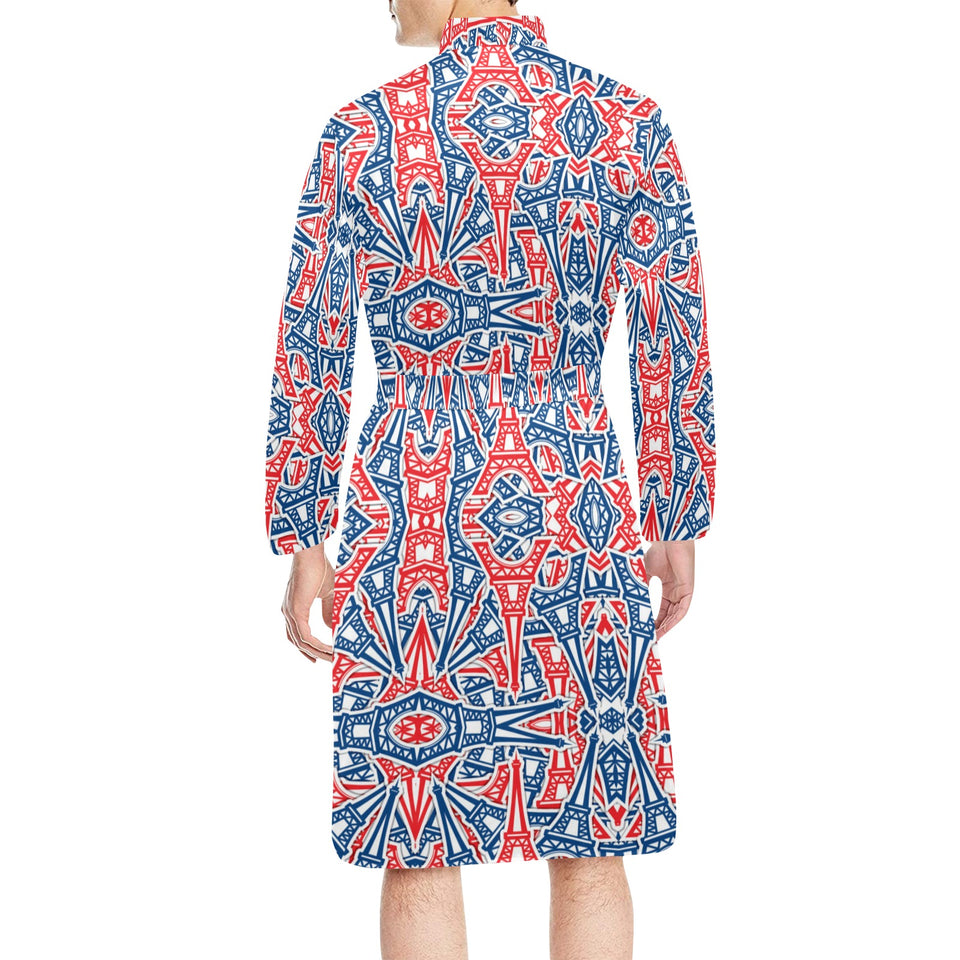 Blue Red Eiffel Tower Pattern Print Design 02 Men's Long Sleeve Belted Night Robe