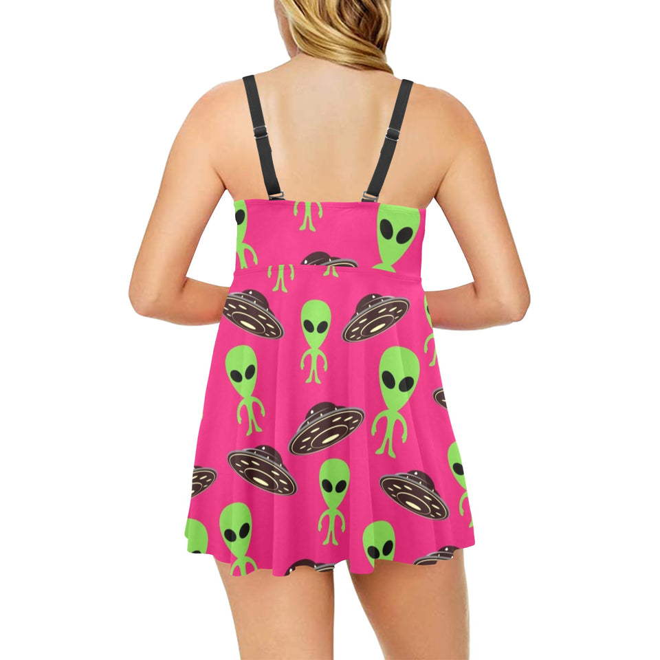 Alien Pattern Print Design 03 Chest Sexy Pleated Two Piece Swim Dress