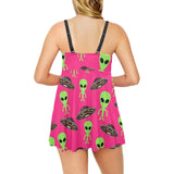 Alien Pattern Print Design 03 Chest Sexy Pleated Two Piece Swim Dress