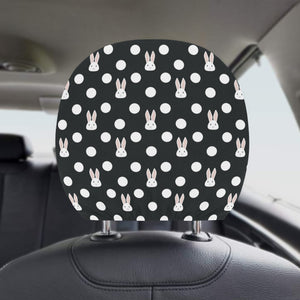 Cute white rabbit polka dots black background Car Headrest Cover