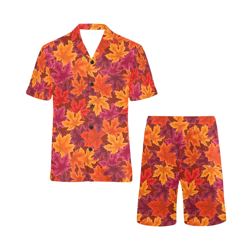Autumn maple leaf pattern Men's V-Neck Short Pajama Set