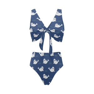 Cute white baby sea lion seal pattern Chest Bowknot High Waisted Bikini Swimsuit