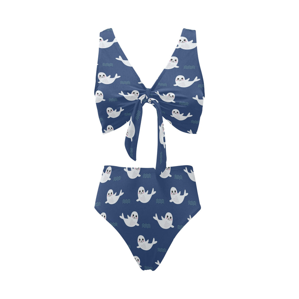 Cute white baby sea lion seal pattern Chest Bowknot High Waisted Bikini Swimsuit