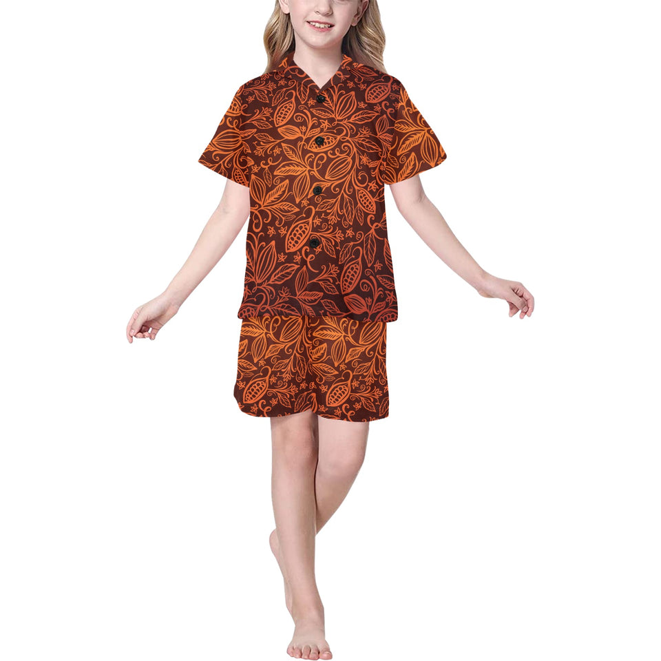cacao beans tribal polynesian pattern Kids' Boys' Girls' V-Neck Short Pajama Set