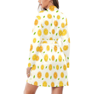 oranges leaves pattern Women's Long Sleeve Belted Night Robe