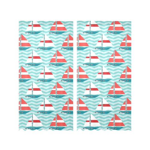 Red White sailboat wave background Gauze Curtain