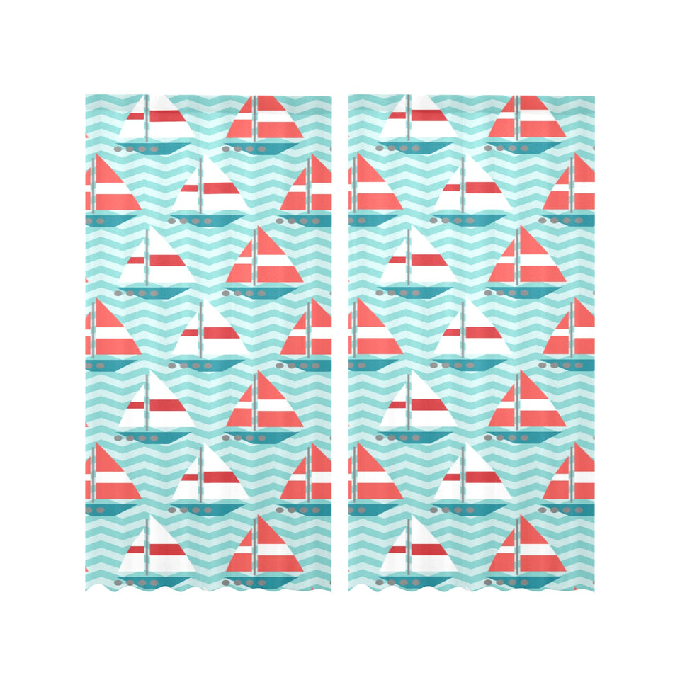 Red White sailboat wave background Gauze Curtain
