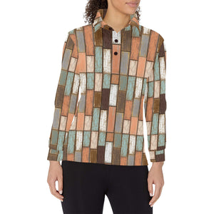 Wood Printed Pattern Print Design 02 Women's Long Sleeve Polo Shirt