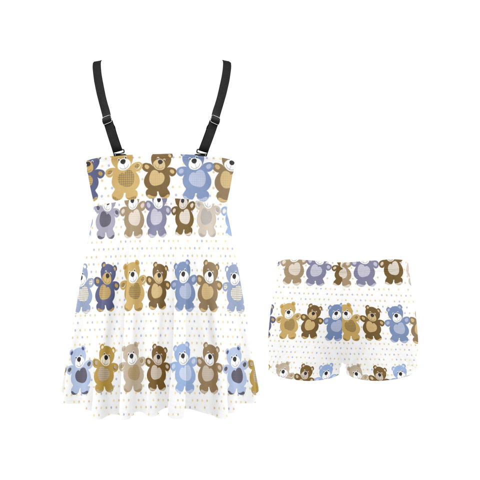 Teddy Bear Pattern Print Design 02 Chest Sexy Pleated Two Piece Swim Dress
