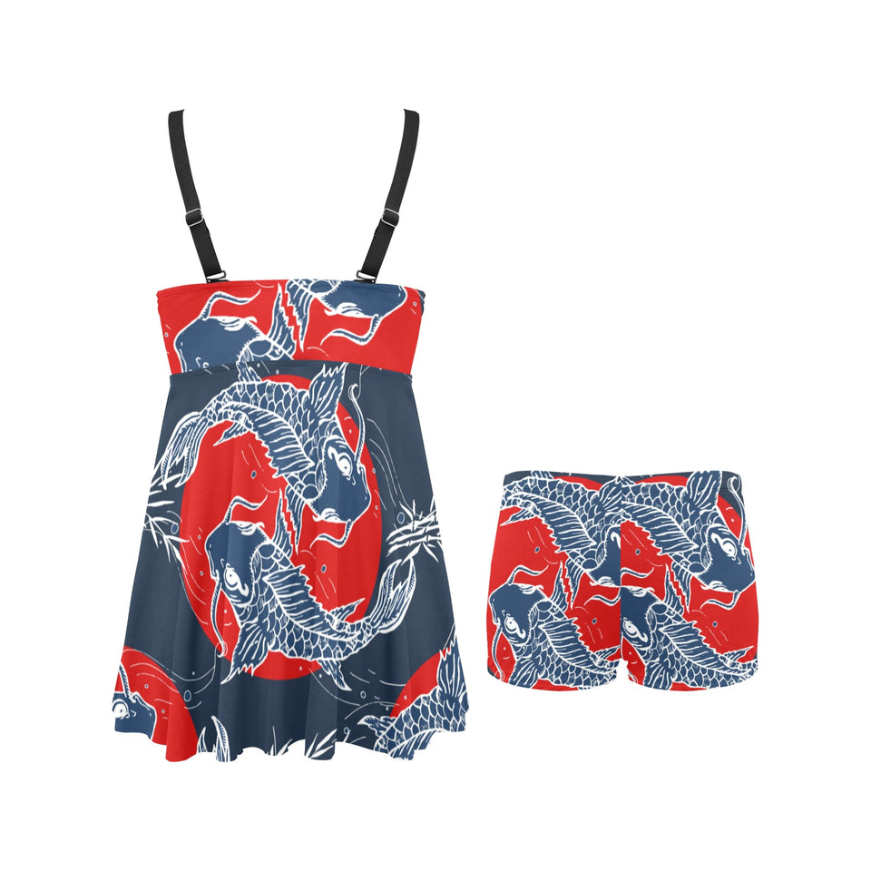 Koi Fish Carp Fishs hand drawn japanese art Chest Sexy Pleated Two Piece Swim Dress