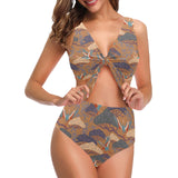Bonsai bamboo stork japanese pattern brown theme Chest Bowknot High Waisted Bikini Swimsuit