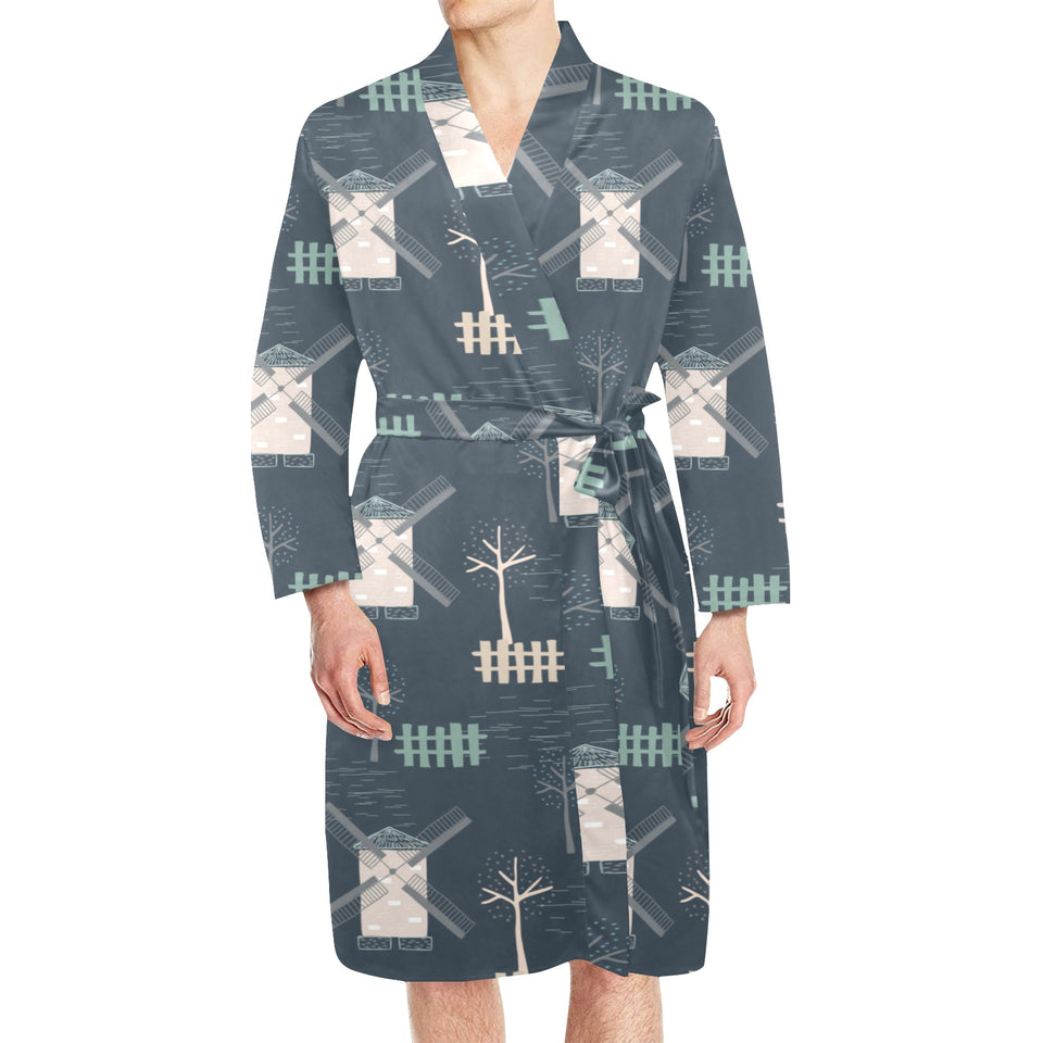 windmill tree pattern Men's Long Sleeve Belted Night Robe