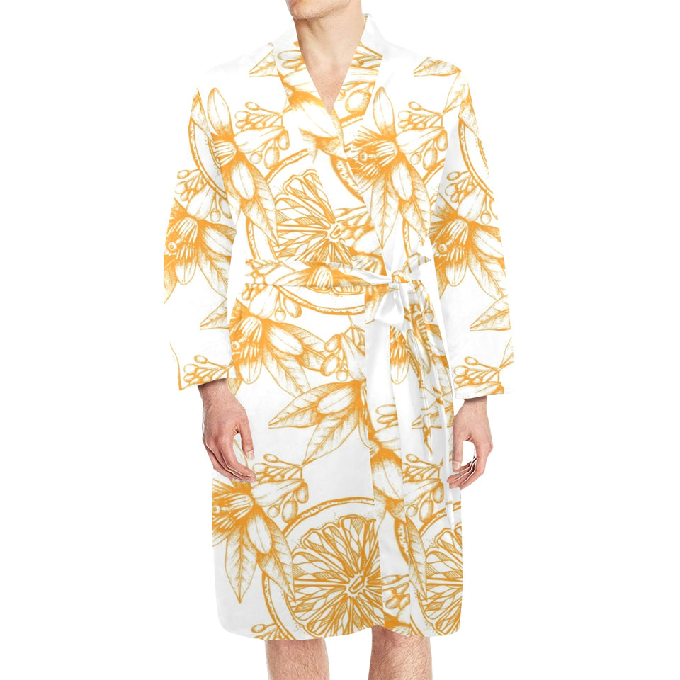 hand drawn orange fruit pattern Men's Long Sleeve Belted Night Robe