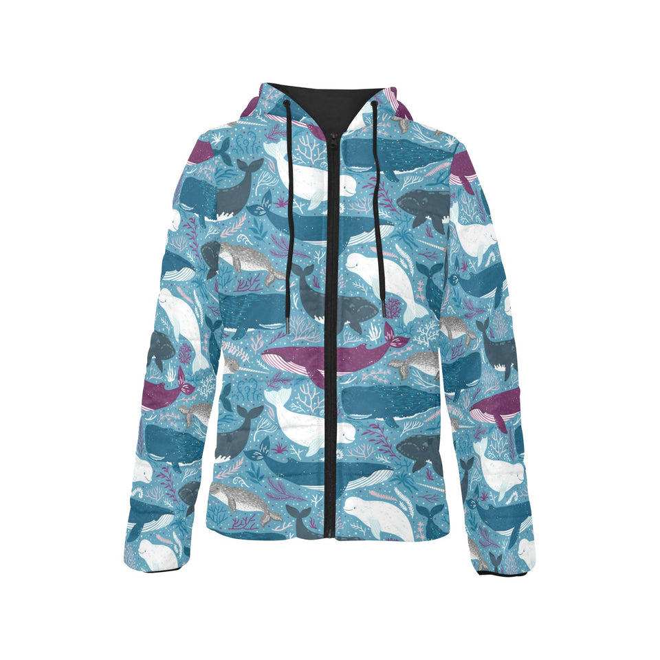 Whale design pattern Women's Padded Hooded Jacket