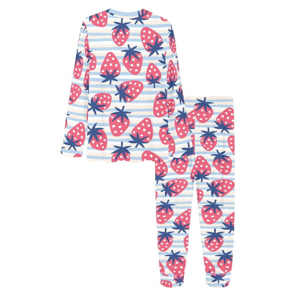 Strawberry pattern blue lines background Women's All Over Print Pajama Set