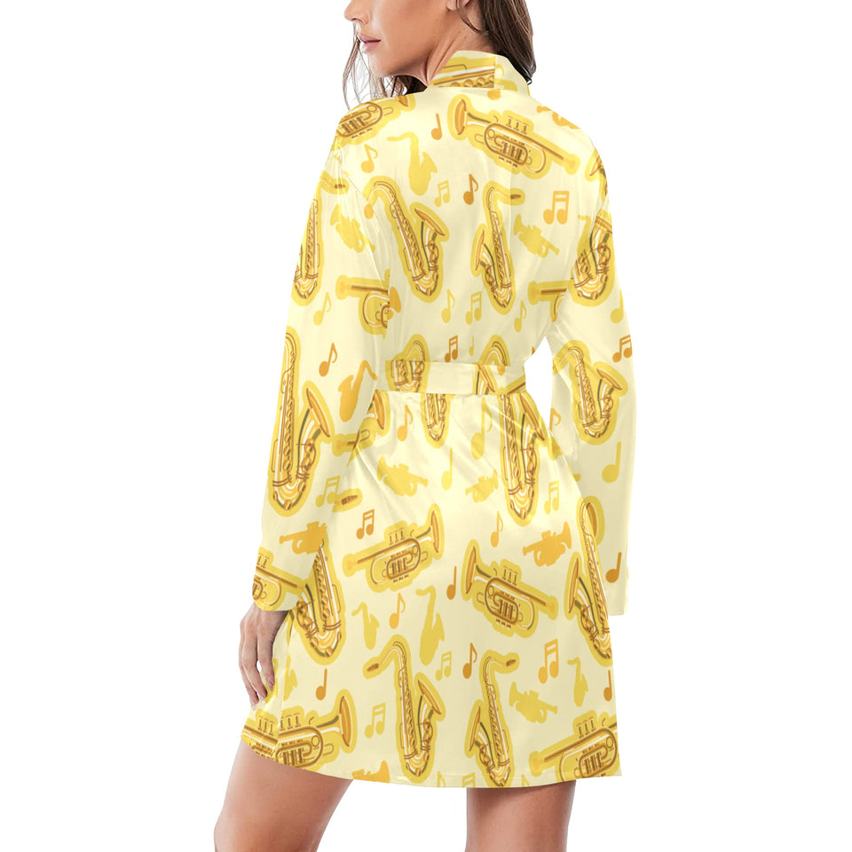 Saxophone cornet pattern yellow background Women's Long Sleeve Belted Night Robe