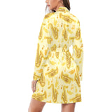 Saxophone cornet pattern yellow background Women's Long Sleeve Belted Night Robe