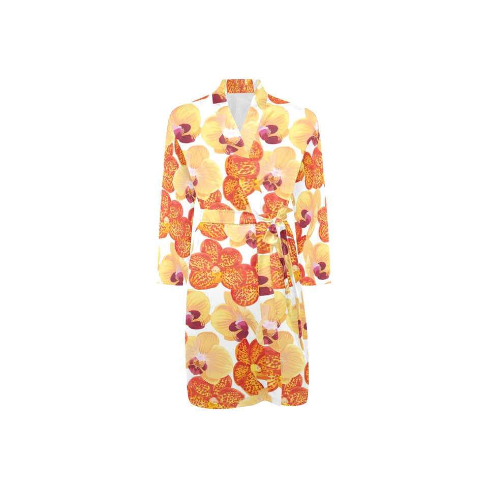 Orange yellow orchid flower pattern background Men's Long Sleeve Belted Night Robe
