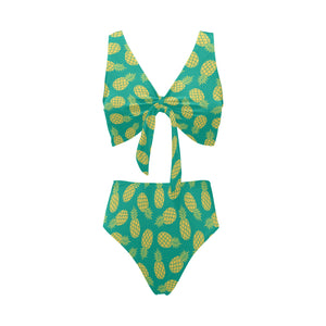 Pineapples pattern green background Chest Bowknot High Waisted Bikini Swimsuit