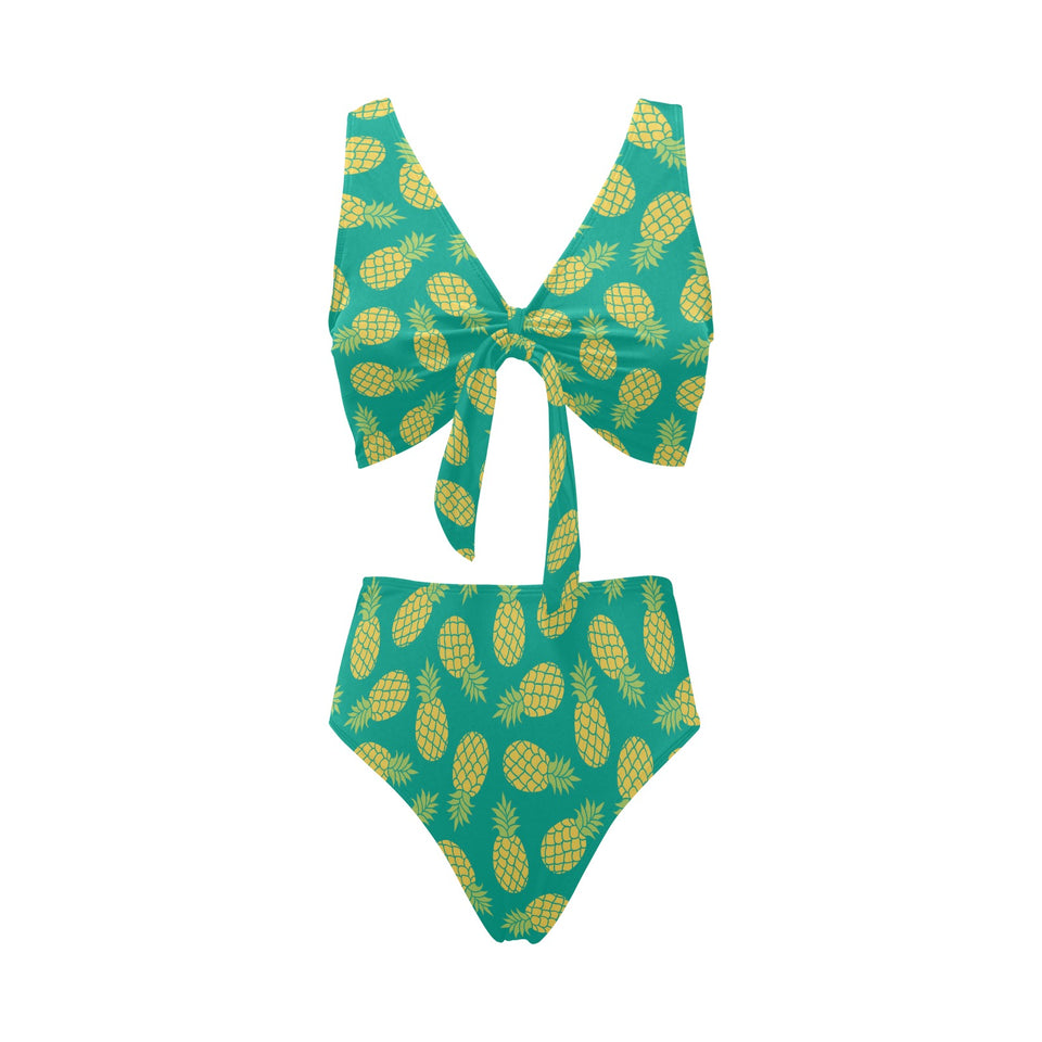Pineapples pattern green background Chest Bowknot High Waisted Bikini Swimsuit