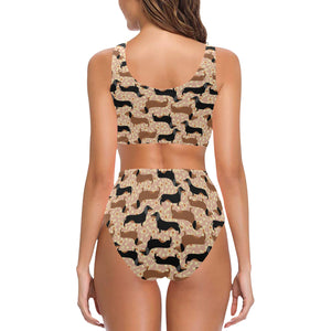 Dachshund floral background Chest Bowknot High Waisted Bikini Swimsuit