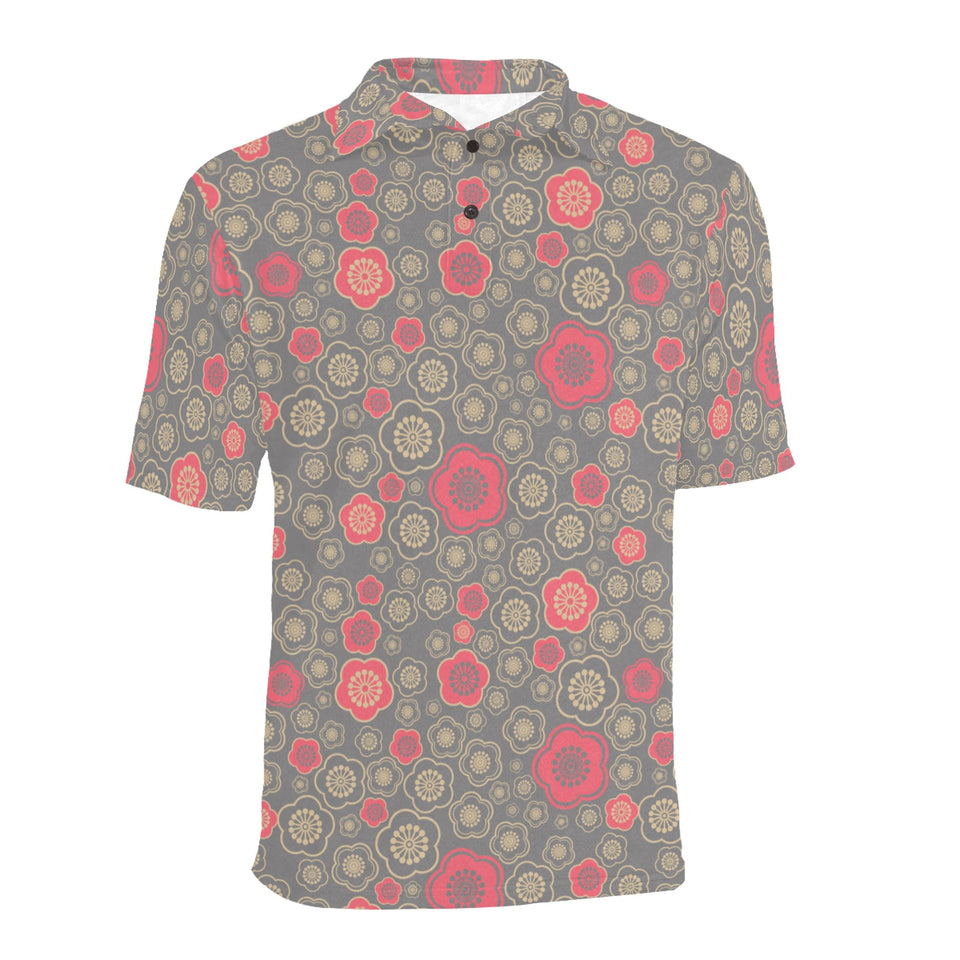 Red gold Sakura cherry blossom gray background Men's All Over Print Polo Shirt