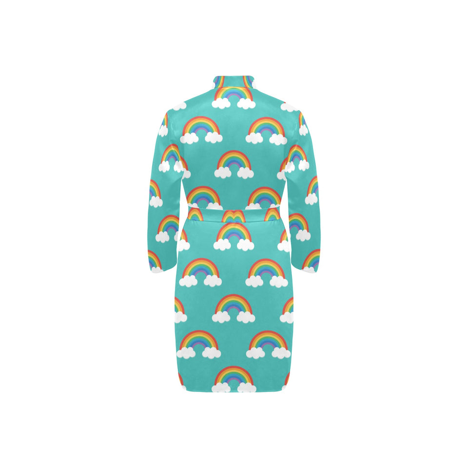 Rainbow pattern green background Men's Long Sleeve Belted Night Robe