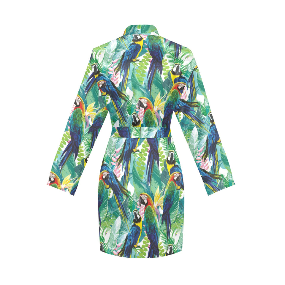 Colorful parrot exotic flower leaves Women's Long Sleeve Belted Night Robe