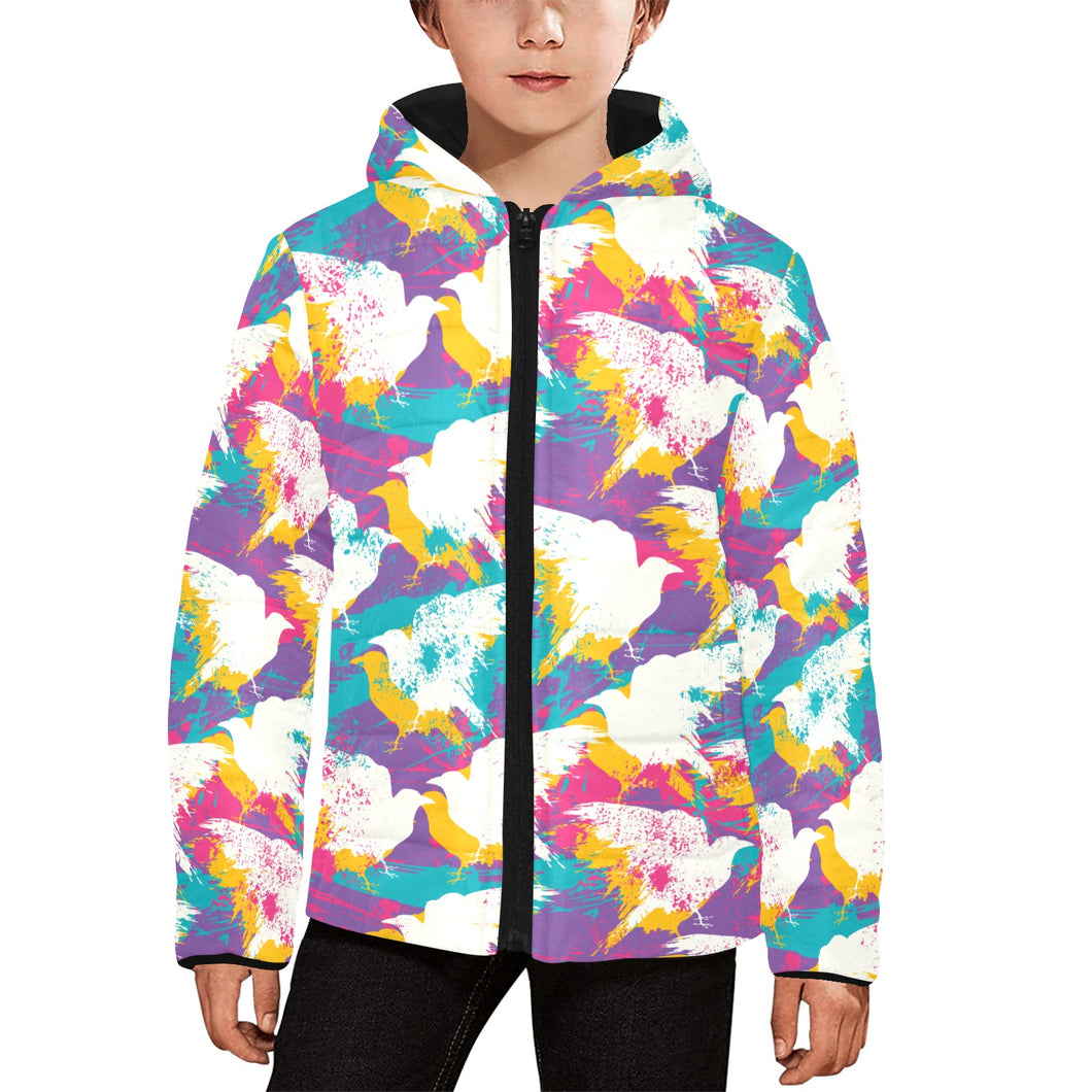 Colorful crow illustration pattern Kids' Boys' Girls' Padded Hooded Jacket