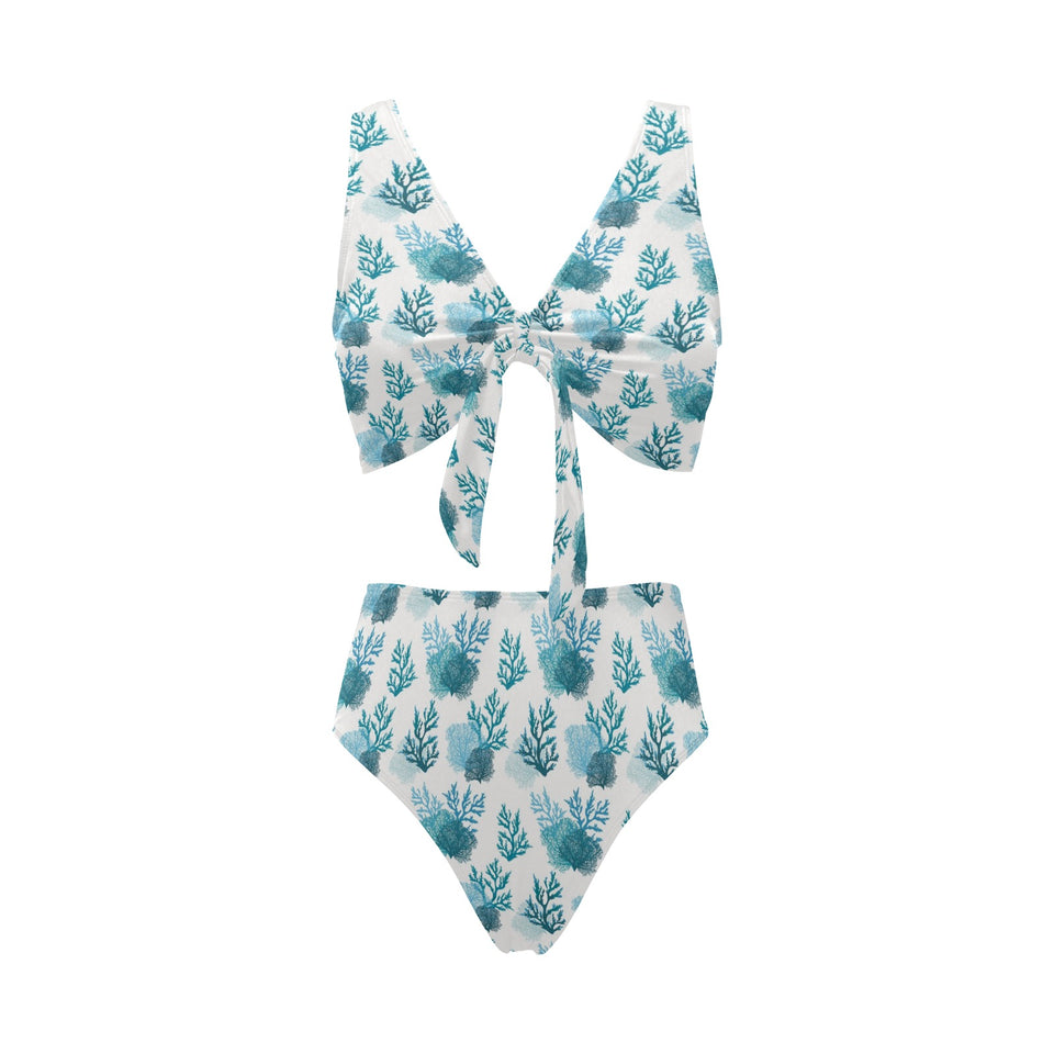 Coral Reef Pattern Print Design 04 Chest Bowknot High Waisted Bikini Swimsuit