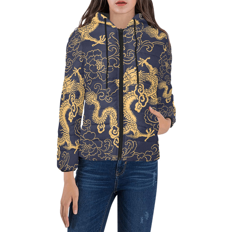 Gold dragon pattern Women's Padded Hooded Jacket