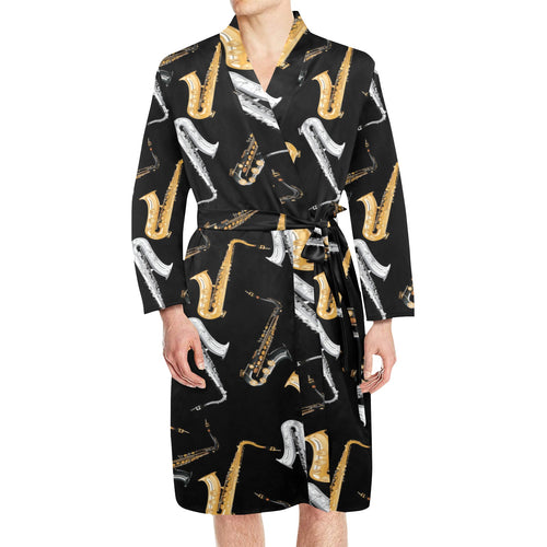 saxophone design pattern Men's Long Sleeve Belted Night Robe