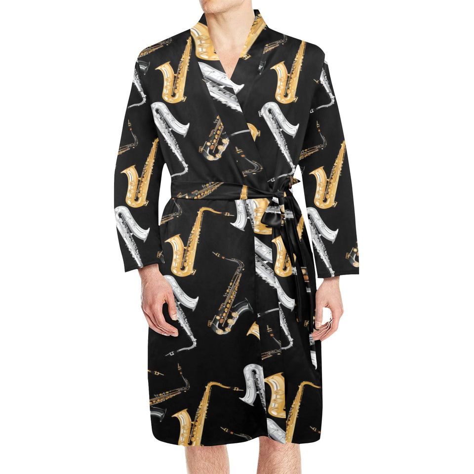 saxophone design pattern Men's Long Sleeve Belted Night Robe