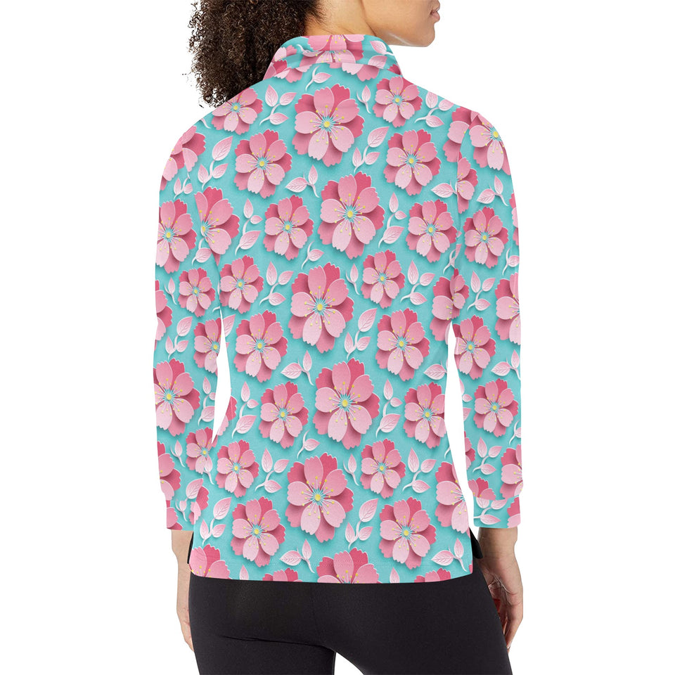 3D sakura cherry blossom pattern Women's Long Sleeve Polo Shirt