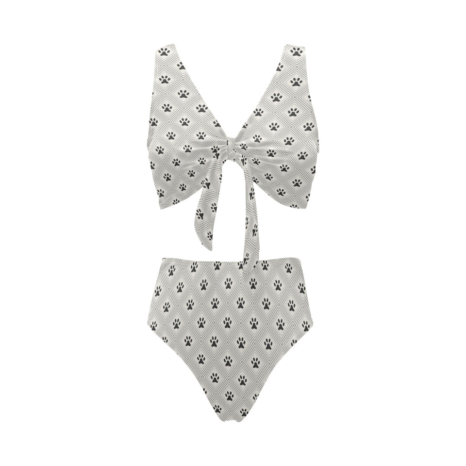 Dog Paws Pattern Print Design 03 Chest Bowknot High Waisted Bikini Swimsuit