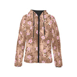 Pink sakura cherry blossom drak brown background Women's Padded Hooded Jacket