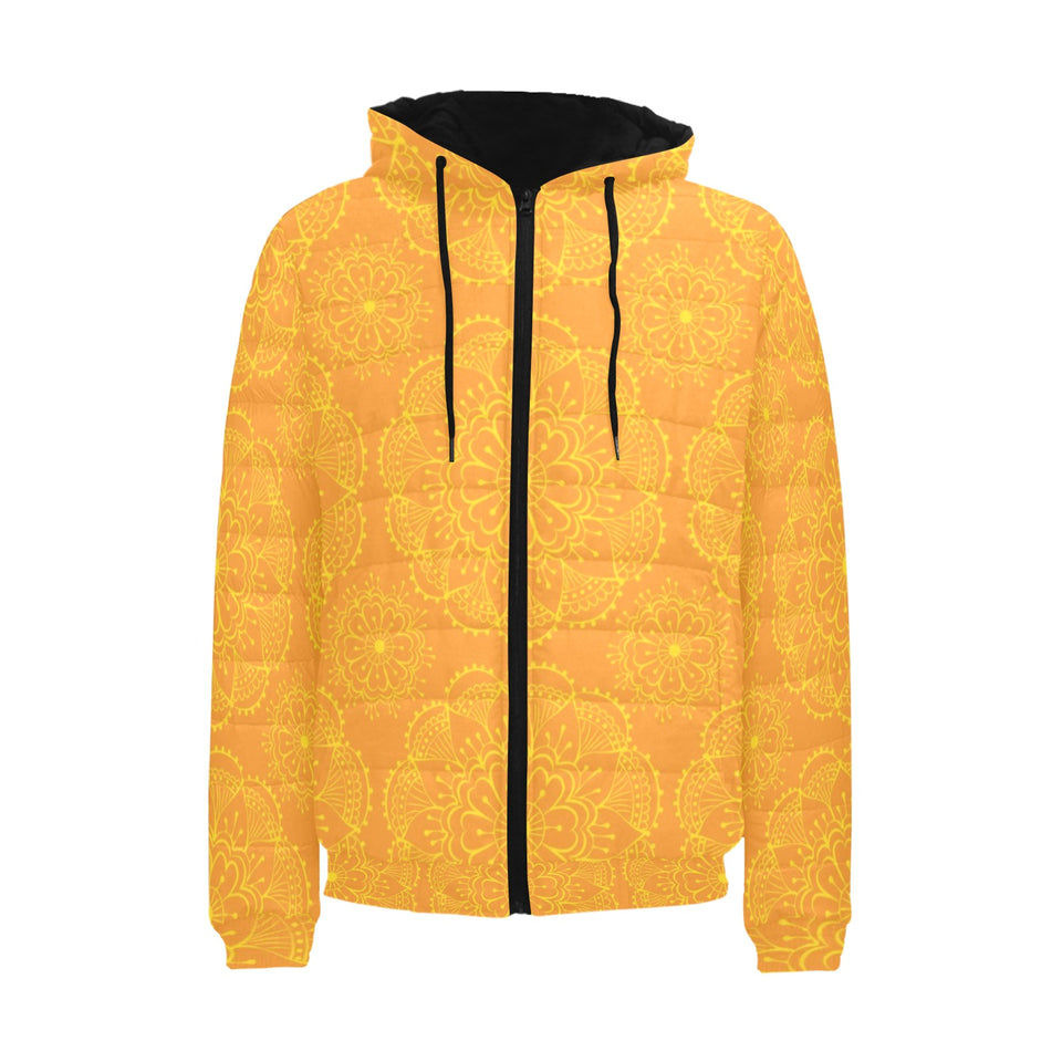 Orange traditional indian element pattern Men's Padded Hooded Jacket