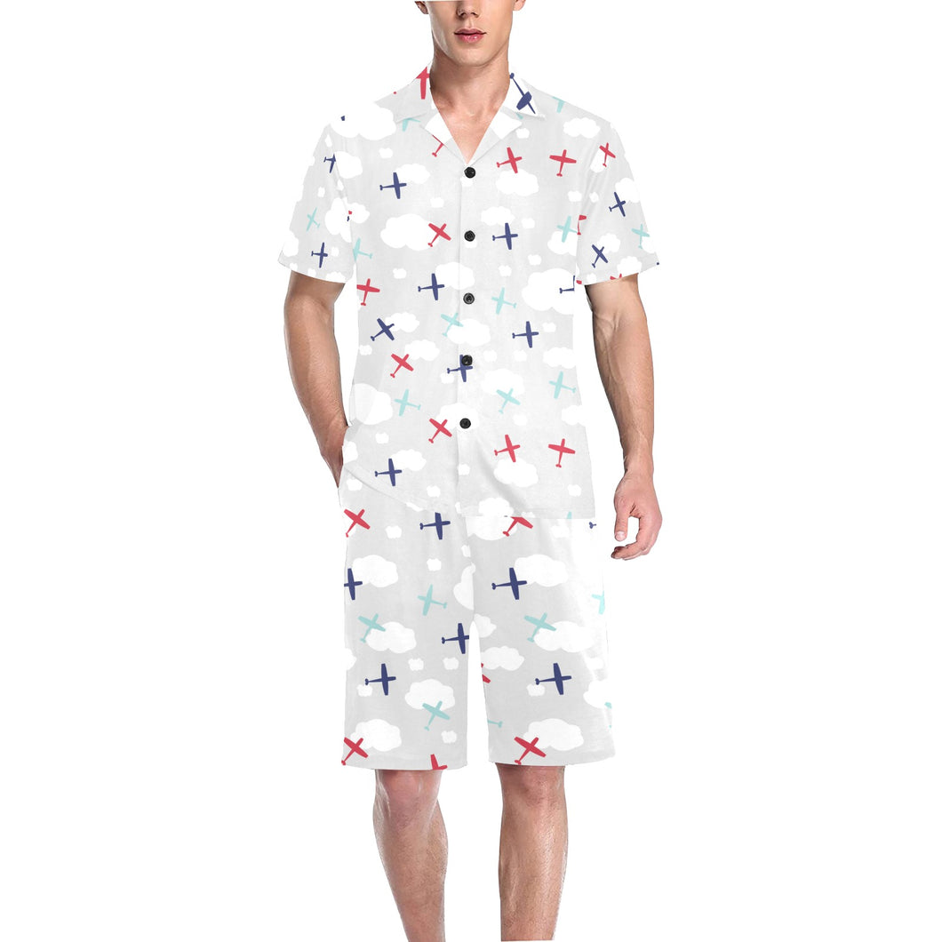 Airplane cloud grey background Men's V-Neck Short Pajama Set