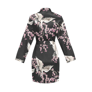 Japanese crane pink sakura pattern Women's Long Sleeve Belted Night Robe