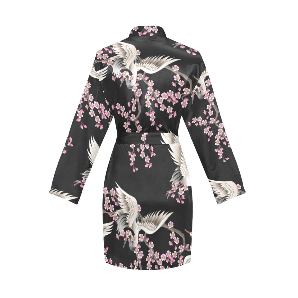 Japanese crane pink sakura pattern Women's Long Sleeve Belted Night Robe