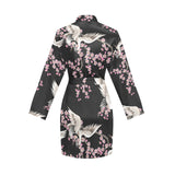 Japanese crane pink sakura pattern Women's Long Sleeve Belted Night Robe