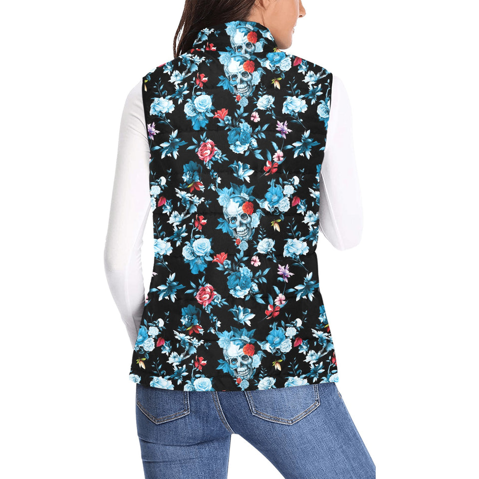 Skull flower roses leave pattern Women's Padded Vest