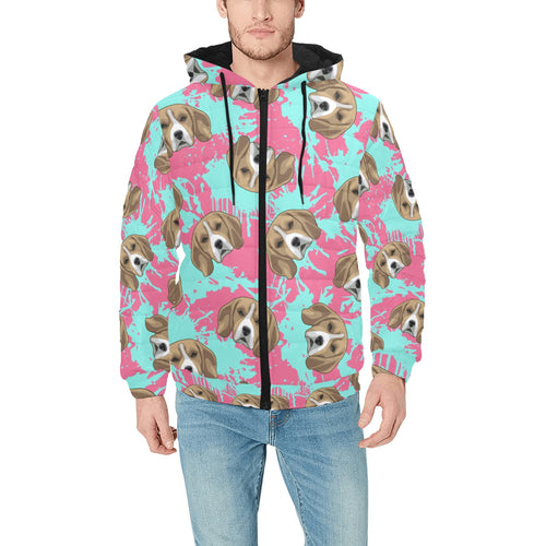 Beagle muzzles turquoise paint splashes pink patte Men's Padded Hooded Jacket