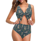 Raccoon tropical leaves pattern Chest Bowknot High Waisted Bikini Swimsuit