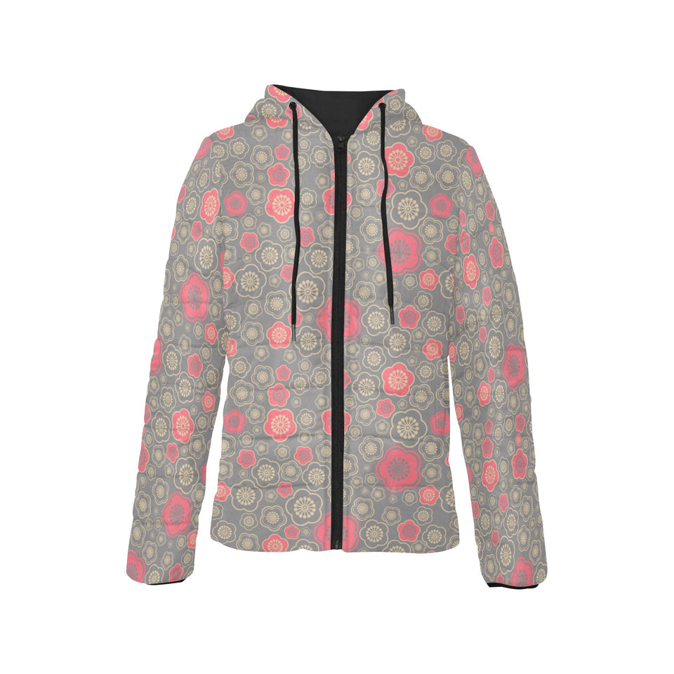Red gold Sakura cherry blossom gray background Women's Padded Hooded Jacket