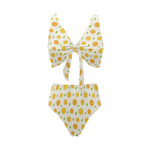 oranges leaves pattern Chest Bowknot High Waisted Bikini Swimsuit