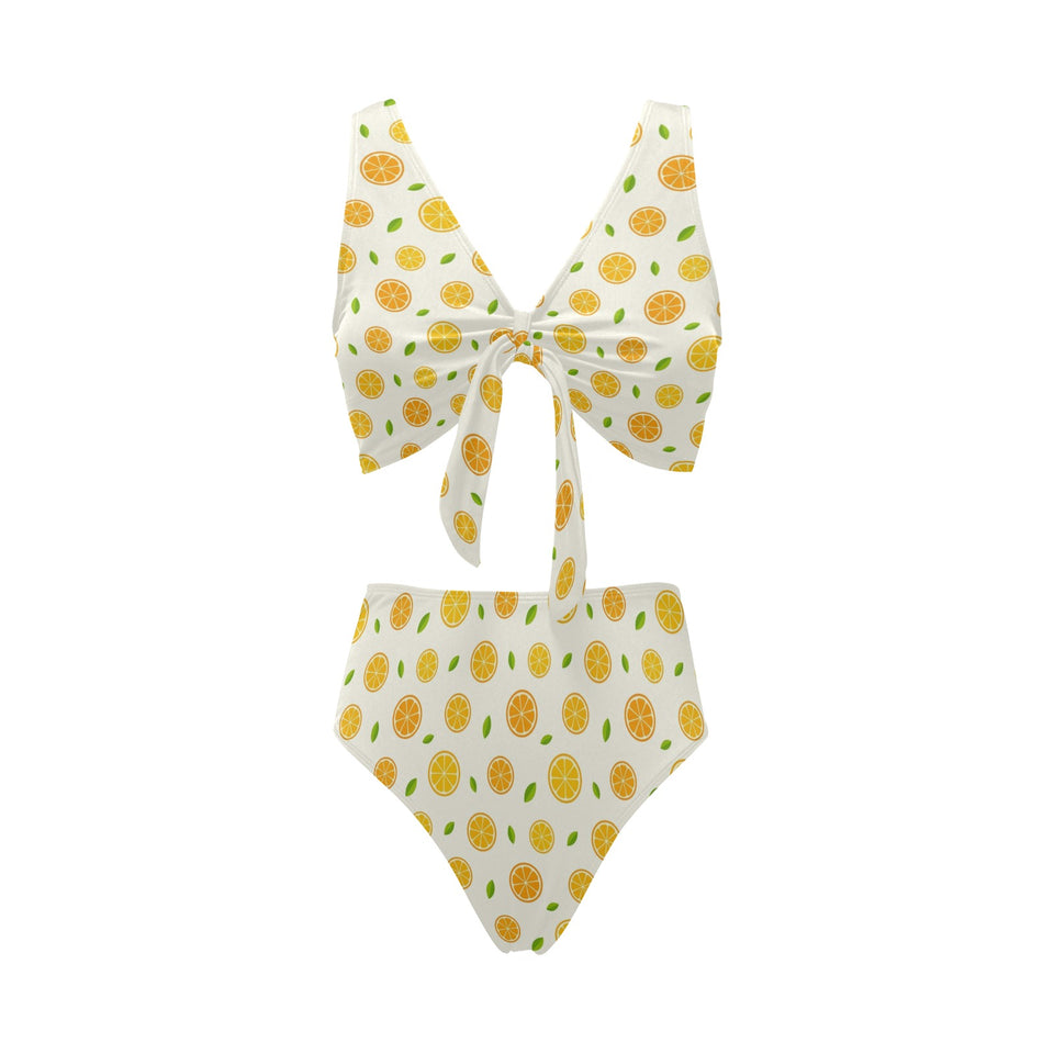 oranges leaves pattern Chest Bowknot High Waisted Bikini Swimsuit